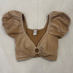 Women's Tan Blanco Puff Sleeve Crop Top 100% Cotton